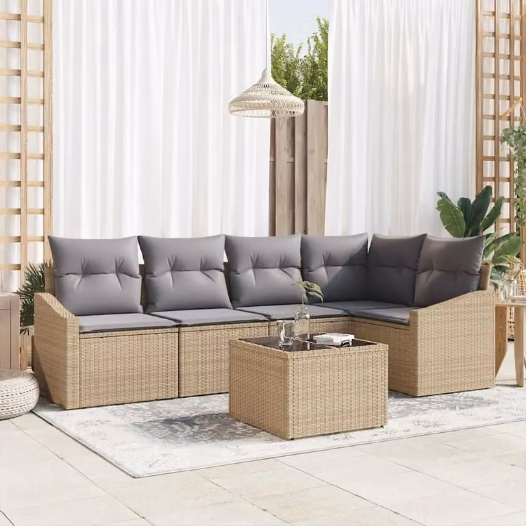 Set di divani da giardino vidaXL a forma di L con tavolo da caffè, 6 pezzi, beige e grigio, in rattan con struttura in metallo e cuscini inclusi