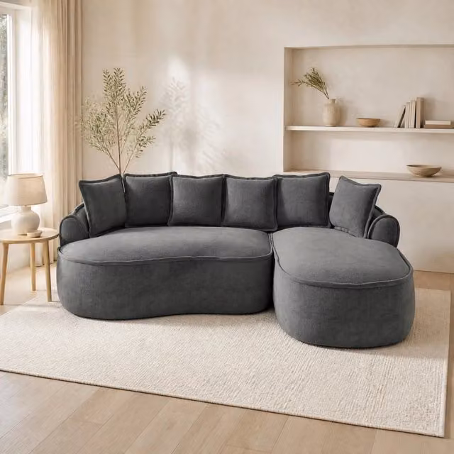 Divano modulare senza telaio in ciniglia grigio con chaise longue profonda HOMVRA