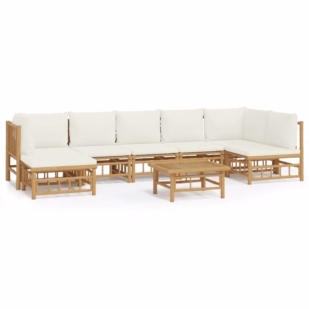 Set Salotto da Giardino vidaXL in Bambu con Cuscini Bianco e Beige 8pz – 2