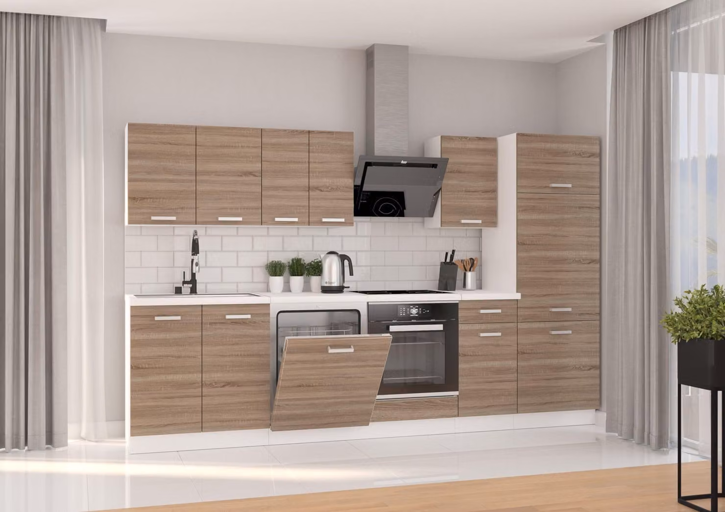 Cucina Dave XL 300 cm, angolo cottura, blocco cucina, cucina componibile, rovere Sonoma Truffle