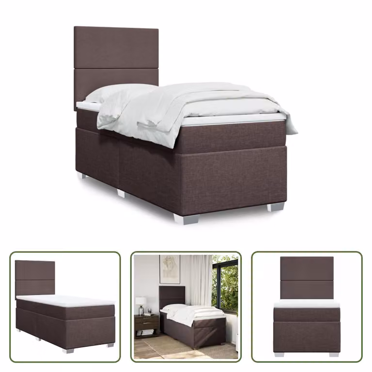 The Living Store Letto a molle con materasso marrone scuro 100x200 cm in tessuto