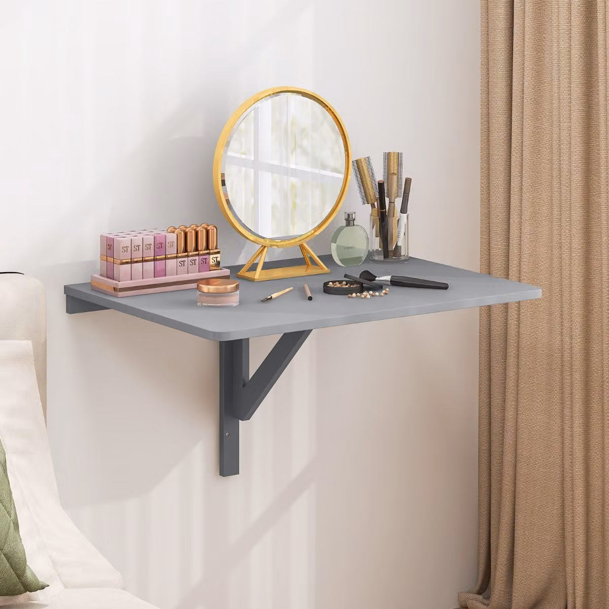 Scrivania pieghevole a parete Costway in MDF laminato grigio per cucina o camera da letto