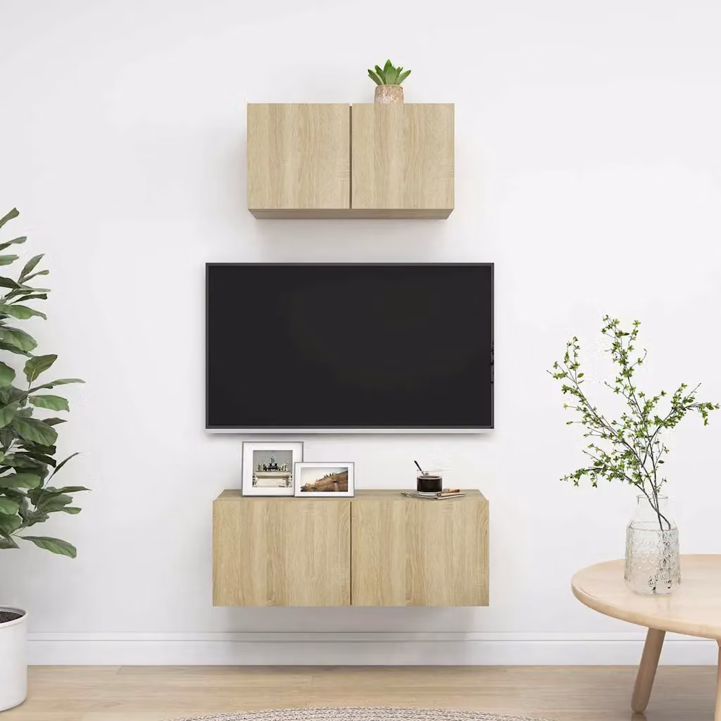 Set di mobili porta TV moderno vidaXL in legno di rovere color beige e marrone, composto da 2 pezzi da appendere a parete