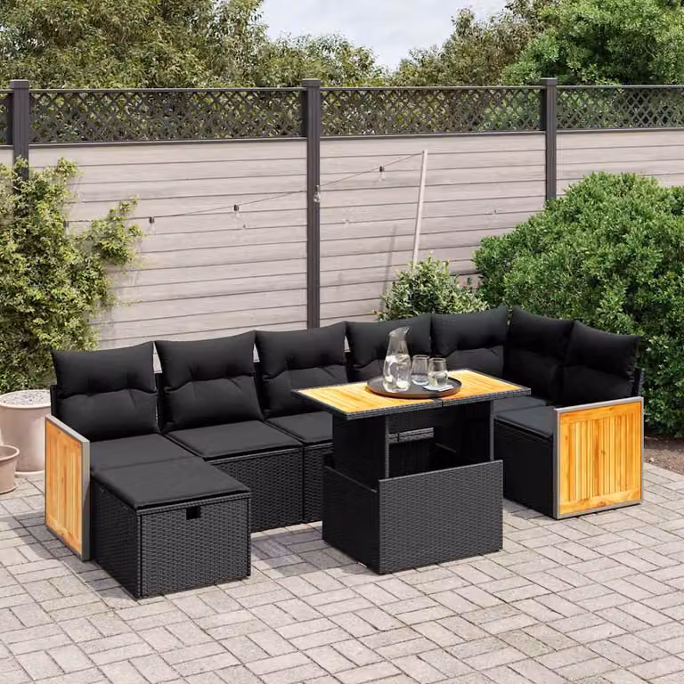 vidaXL Set Divani da Giardino a Forma di U in Polyrattan Nero con 8 Cuscini e Tavolino da Caffè