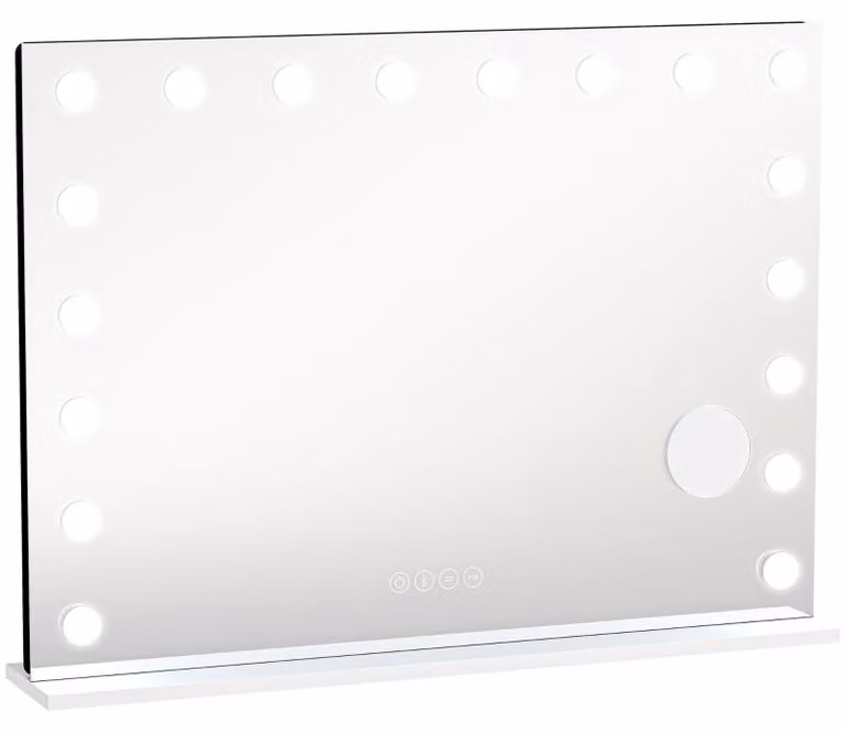 Specchio da trucco Hollywood Moonbite, 80 x 60 cm, con 18 luci LED dimmerabili, 3 tonalità di luce, RGB e Bluetooth, ingrandimento 10x, vetro, bianco