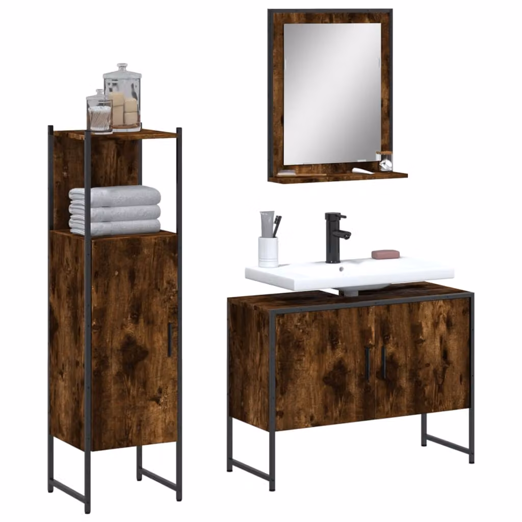 Set di mobili da bagno vidaXL 3 pezzi in legno e metallo stile industriale colore marrone con mobile lavabo, pensile e mobiletto laterale