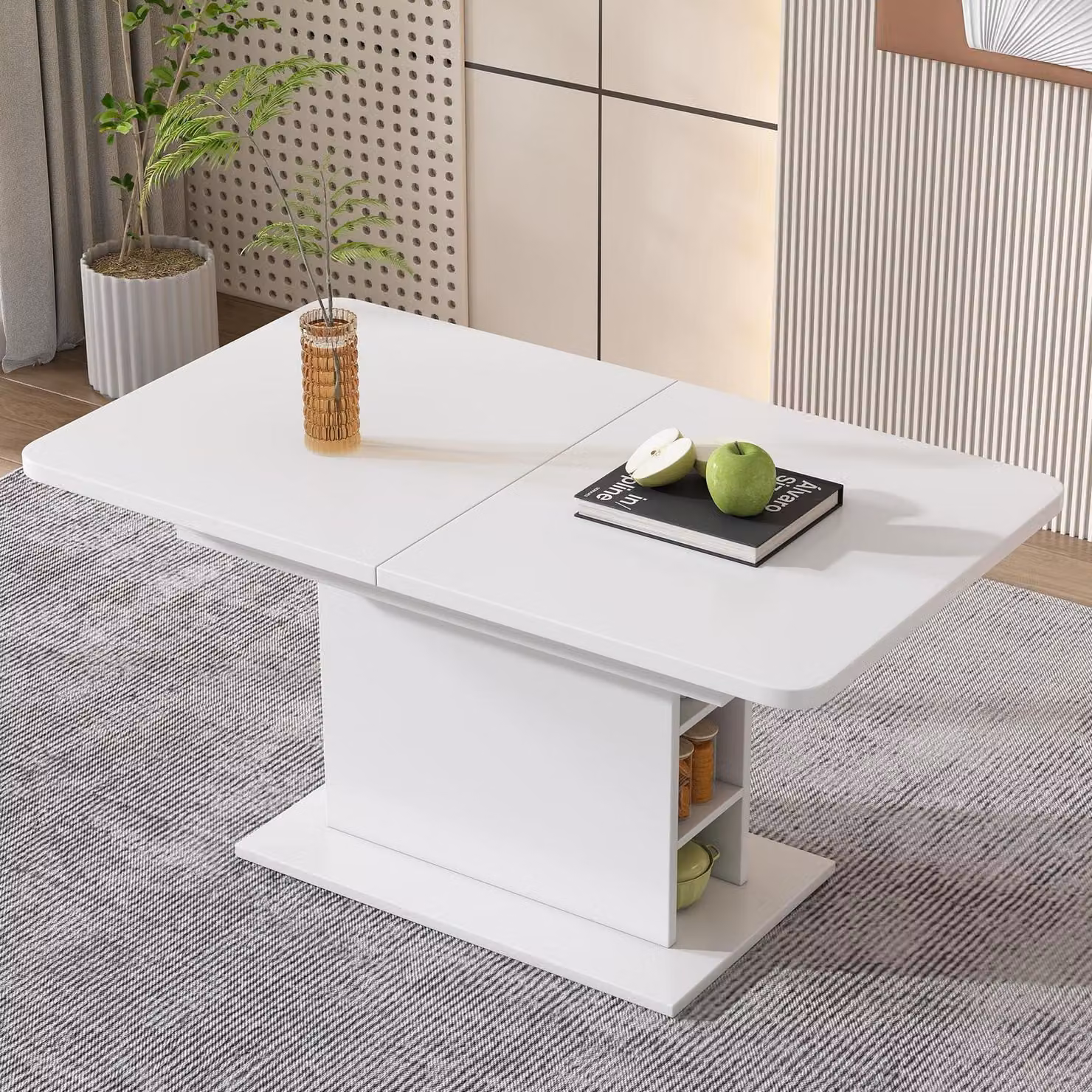 Tavolo da pranzo allungabile con vano portaoggetti, forma rettangolare, colore bianco, dimensioni 110-130 cm
