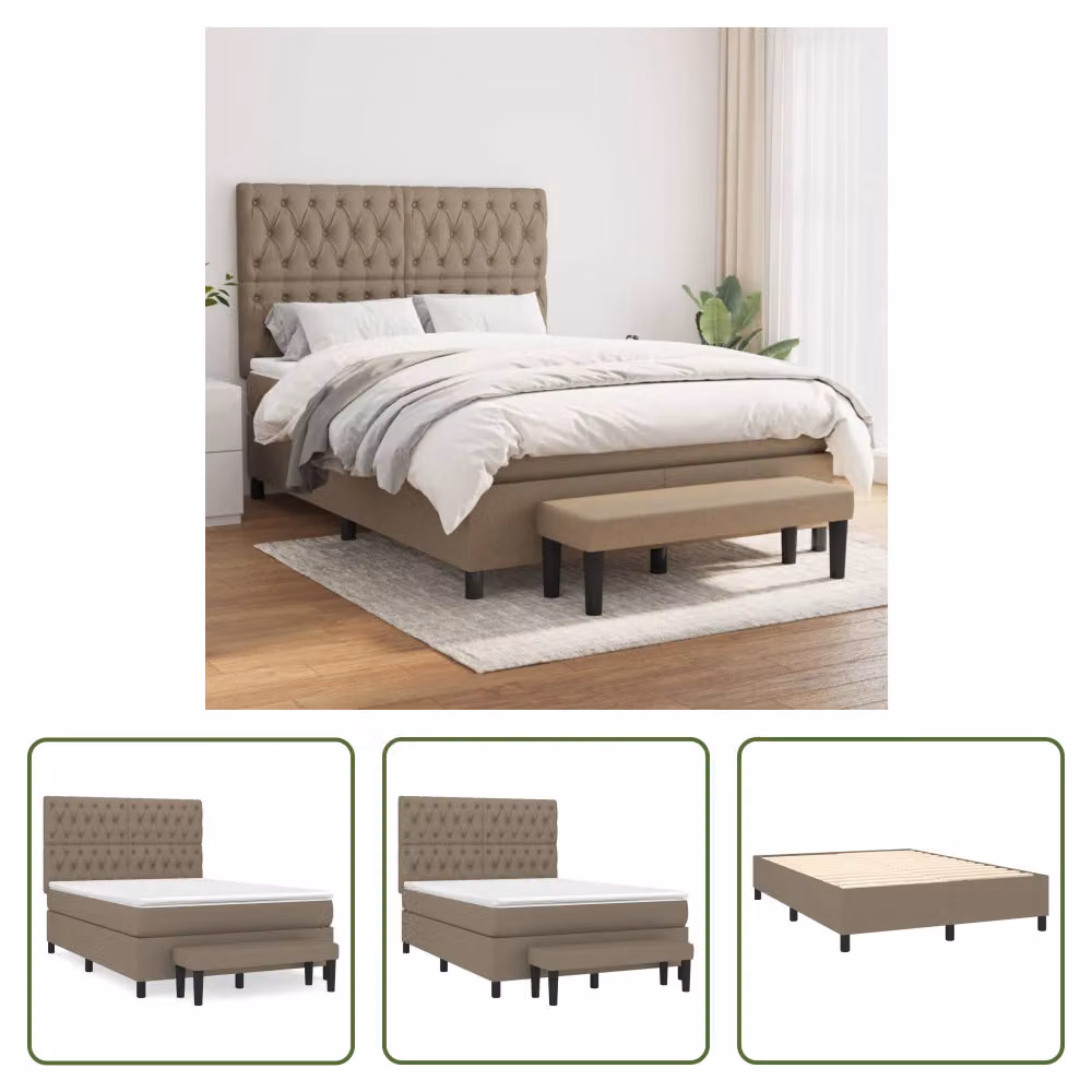 The Living Store Letto a molle con materasso Taupe 140x200 cm in tessuto