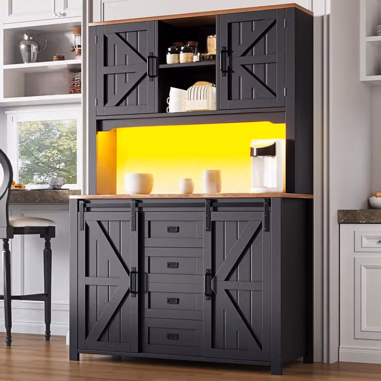 Mobiletto da cucina/credenza, altezza 174,7 cm, colore nero, con illuminazione a LED e 2 cassetti