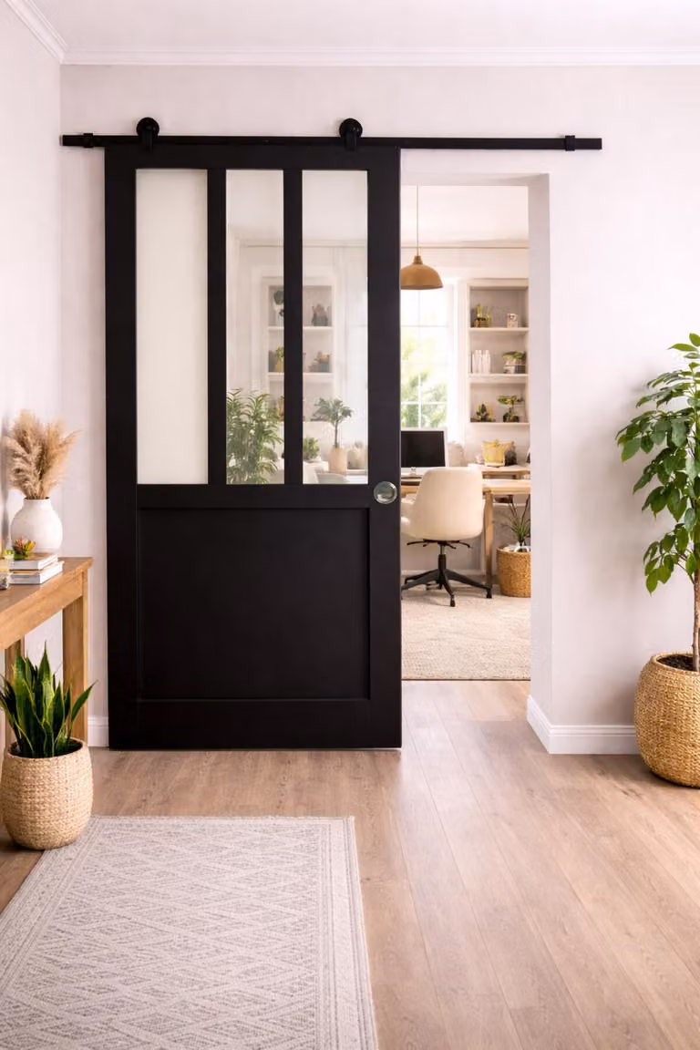 Porta scorrevole da officina nera H204 x L83 cm, binario con rotelle, gusci grandi per GD MENUISERIES