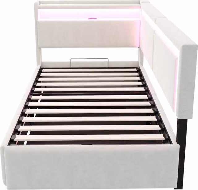 Letto singolo contenitore moderno in velluto beige con illuminazione LED, porta USB e testiera con ripiani, L/P: 90 x 200 cm – 1