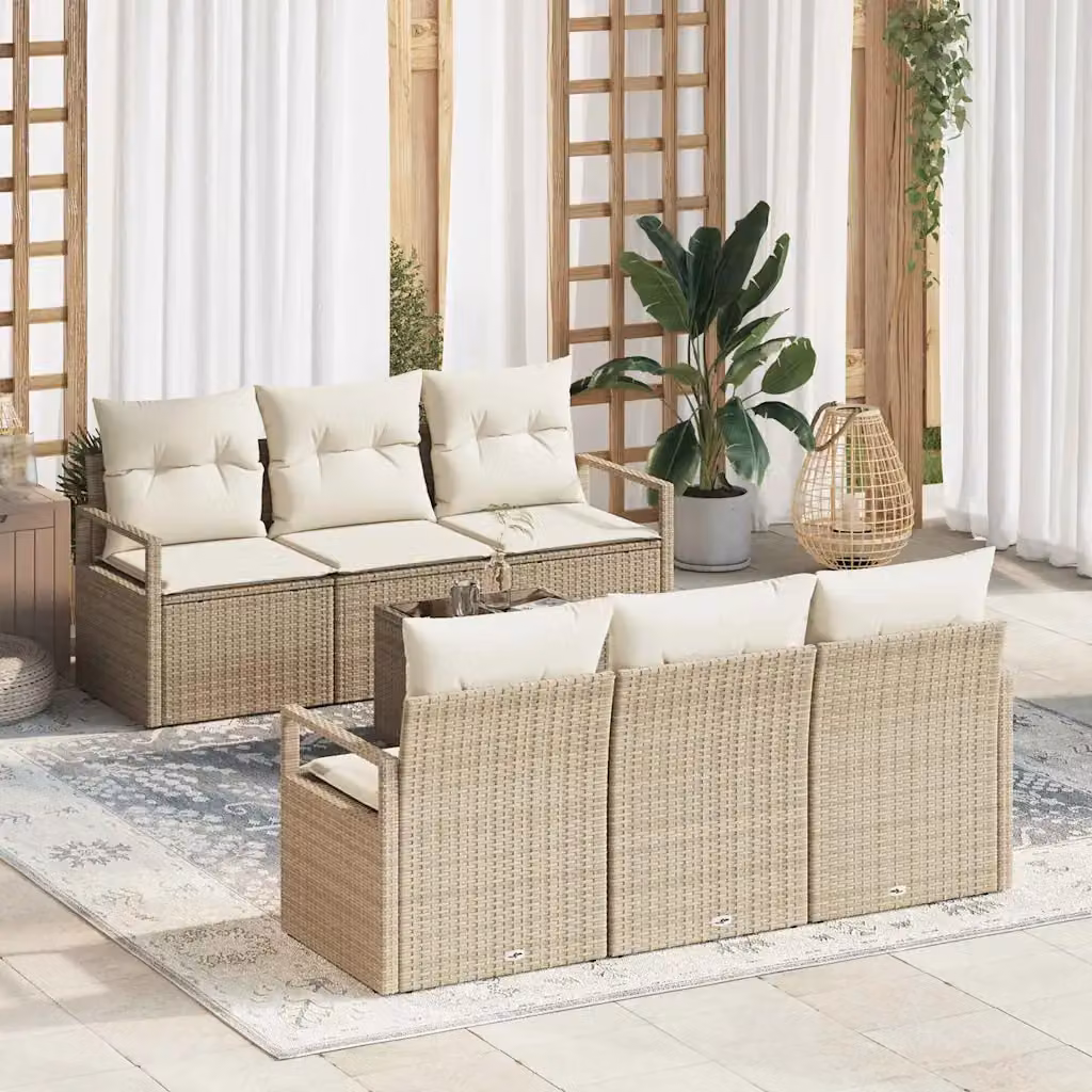 Set Divano da Giardino vidaXL 7 Pezzi con Tavolino Beige e Bianco