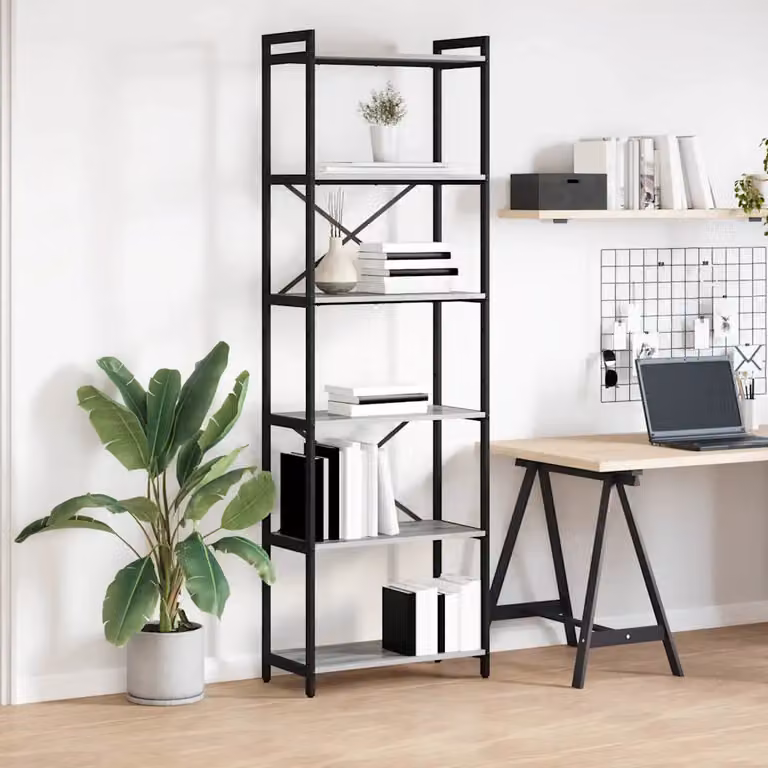 Libreria industrial vidaXL in metallo e MDF, Grigio e Nero, L 60 cm x P 30 cm x H 189,5 cm