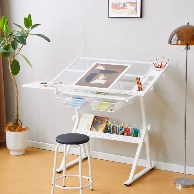 Tavolo da disegno regolabile in acciaio bianco