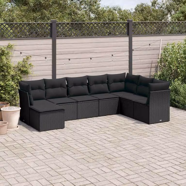 vidaXL Set Divani da Giardino a L con Cuscini 8 pz Nero in Polyrattan e Metallo