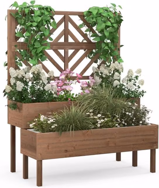 Cassetta da giardino rialzata in legno DESIGN IN a 2 livelli con trellis e fori di drenaggio, Marrone