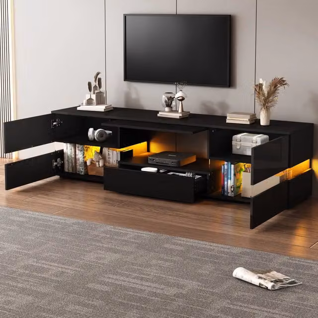 Mobile TV con LED; 2 ante; cassetto e vano aperto in pannello truciolare nero 160 × 39 × 45 cm