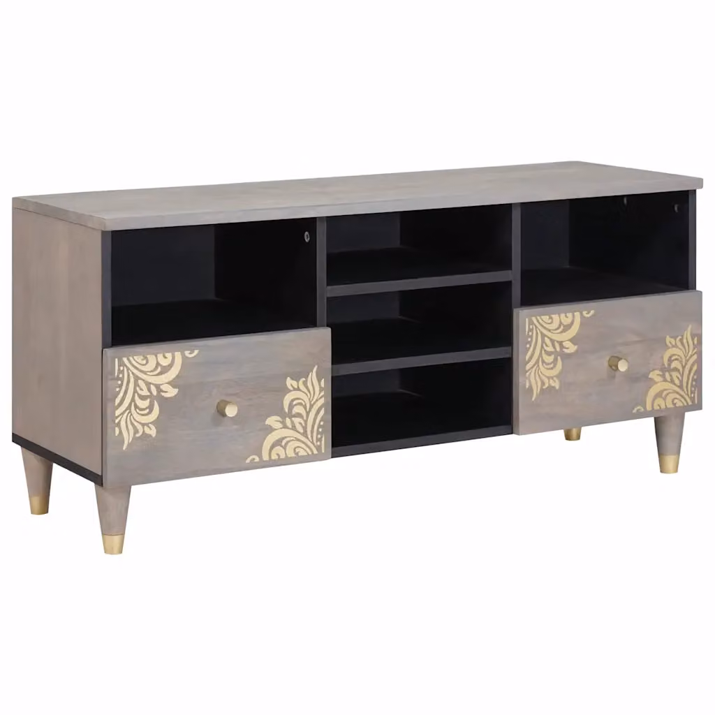 Mobile TV moderno vidaXL in legno di mango massello, Grigio e Oro, L 100 x P 33 x H 46 cm