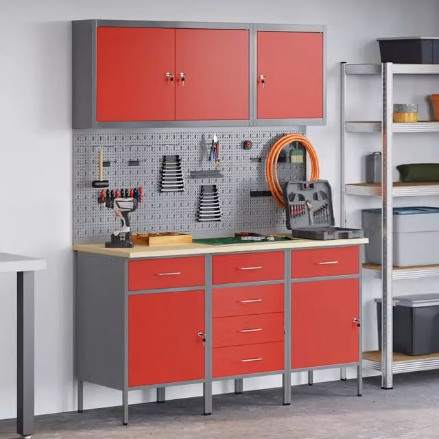 Mobile da lavoro vidaXL con 8 cassetti in acciaio e legno, Rosso e Grigio, L: 150 cm, P: 55 cm, H: 85 cm