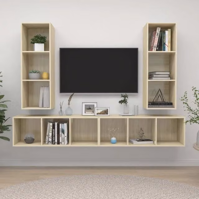 Mobile TV da parete vidaXL in legno multistrato color rovere, set di 4 pezzi, stile minimalista per soggiorno – 1