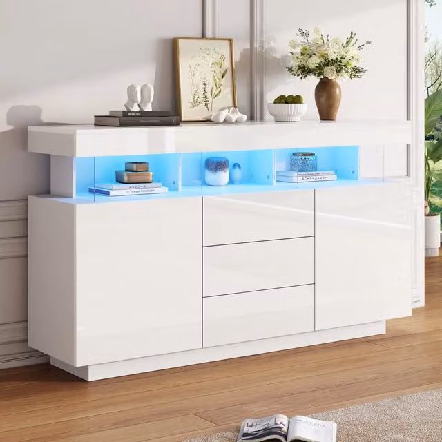 Credenza 140x35x80 cm con LED a 16 colori e frontali lucidi in truciolare e acrilico bianca