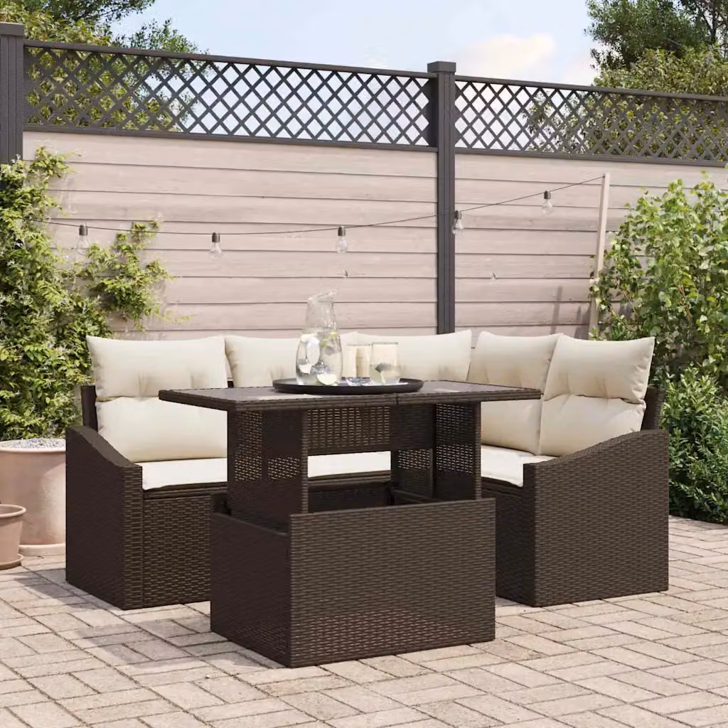 Set Divano da Giardino vidaXL 5 Pezzi Marrone e Beige con Cuscini e Tavolino in Acciaio Verniciato a Polvere – 1