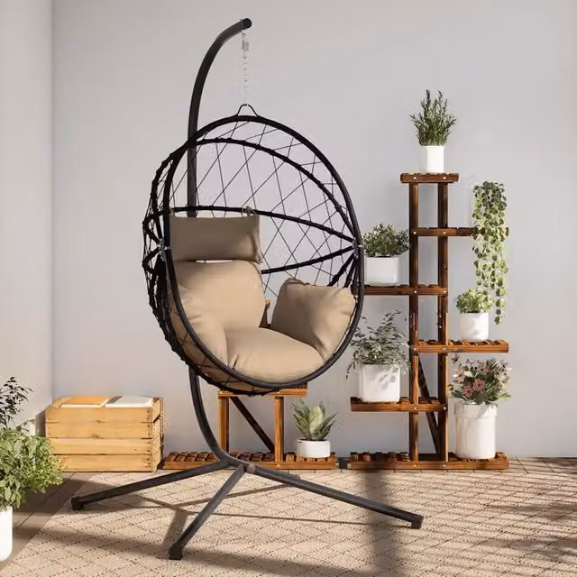 Sedia a Uovo Sospesa con Supporto vidaXL in Polyrattan e Accio Verniciato, Colore Antracite, Beige e Nero, con Cuscini Inclusi
