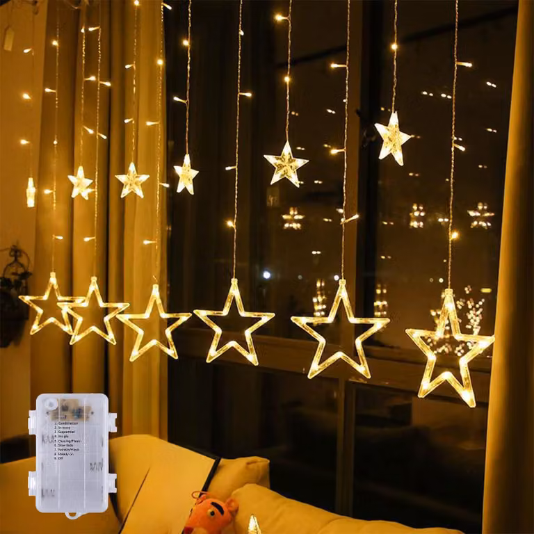 Tenda luminosa con 12 stelle, 138 LED, alimentazione a batteria, grado di protezione IP44, 8 modalità