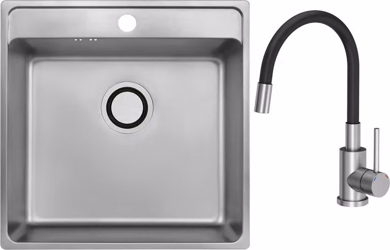 VBChome Lavello in acciaio inox con rubinetto 49x48x21 cm Inox Liscio Lavello da incasso in acciaio inox con foro per rubinetto Vasca grande Sifone Rubinetto nero con bocca flessibile