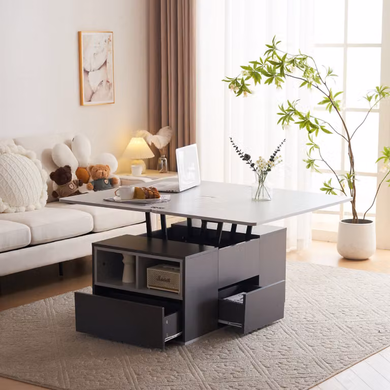Tavolino Abrihome con 2 piani d'appoggio allungabili, 2 vani a giorno e 2 cassetti, bianco+grigio