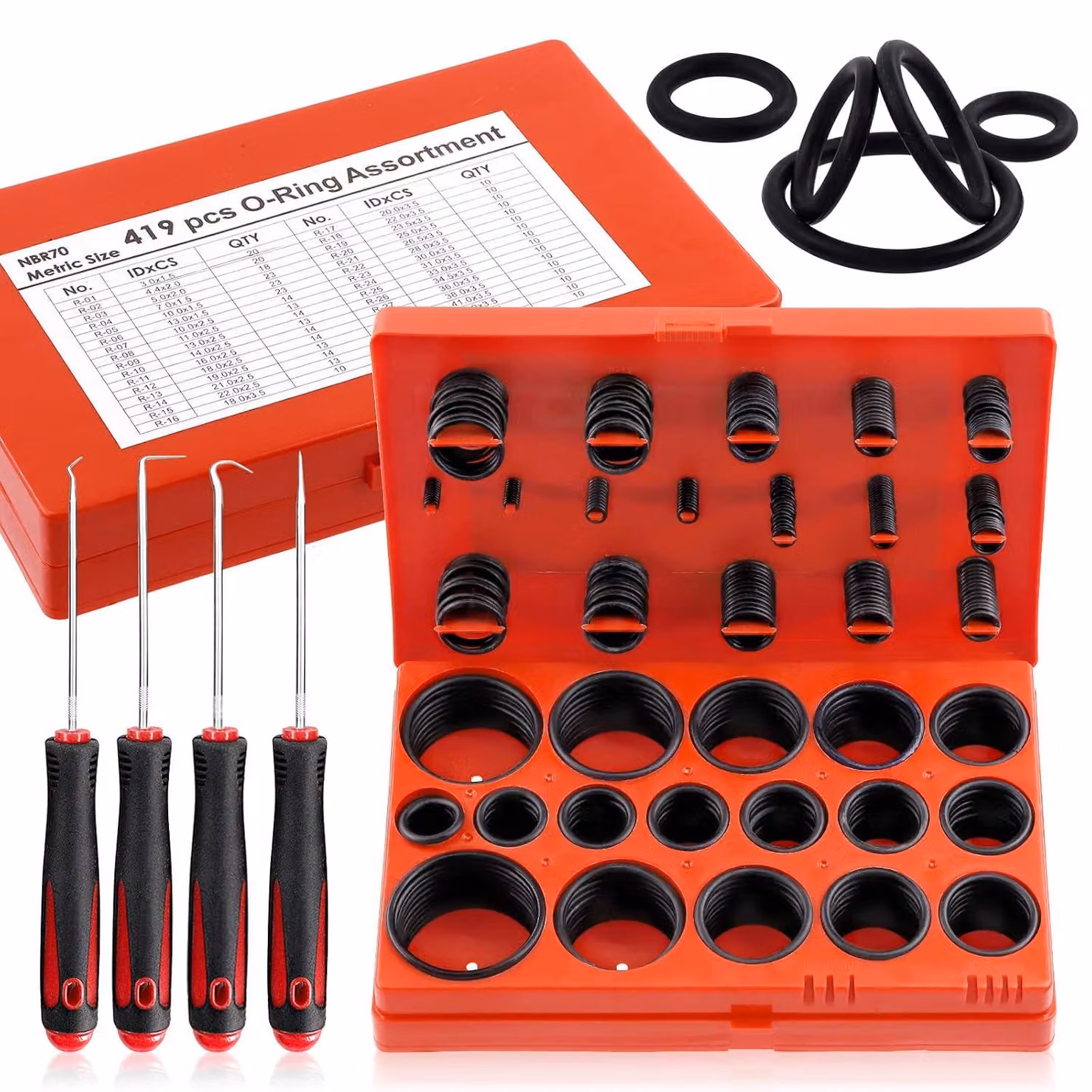 Kit di guarnizioni O-ring metriche assortite, composto da 419 pezzi di gomma nitrilica (NBR) e 4 pezzi di pinzette e ganci per la riparazione di impianti idraulici