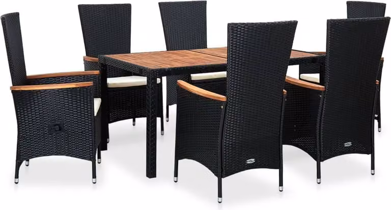 Set da Pranzo da Giardino 7 pz in Polyrattan e Acacia Nero