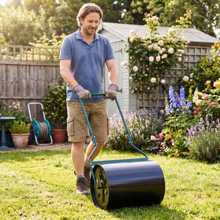 Rullo metallico manuale per prato da giardino Costway da 60 l per livellare e compattare il terreno, disponibile in nero e verde