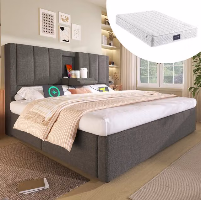 Letto imbottito 160 x 200 cm con materasso, ricarica e vano contenitore