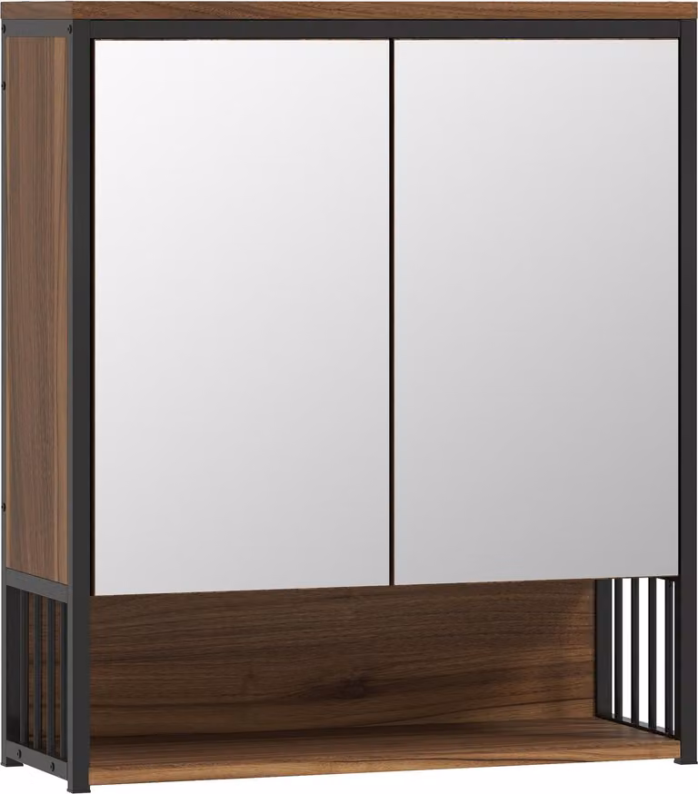 Mobiletto con specchio da bagno, da parete, con chiusura ammortizzata, marrone, MDF