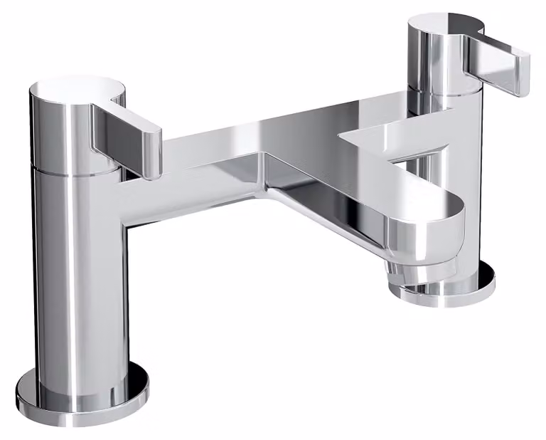 Miscelatore per lavabo a due fori, con erogatore per vasca, finitura cromata, corpo in ottone, con beccuccio curvo