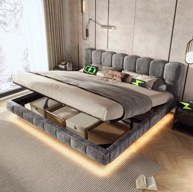 Letto imbottito matrimoniale 180x200 cm grigio con contenitore idraulico, illuminazione LED e porte di ricarica USB e Tipo-C