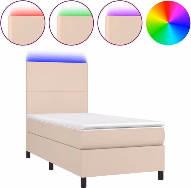 Letto singolo | Letto per adulti | Giroletto Molle Materasso e LED Cappuccino 90x190 cm Similpelle