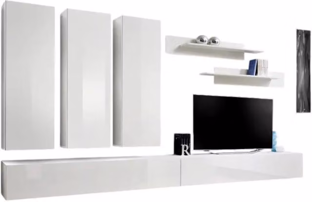 Mobile TV FLY E1 Meublorama sospeso moderno colore bianco lucido L: 160 cm, H: 40 cm, P: 76,7 cm