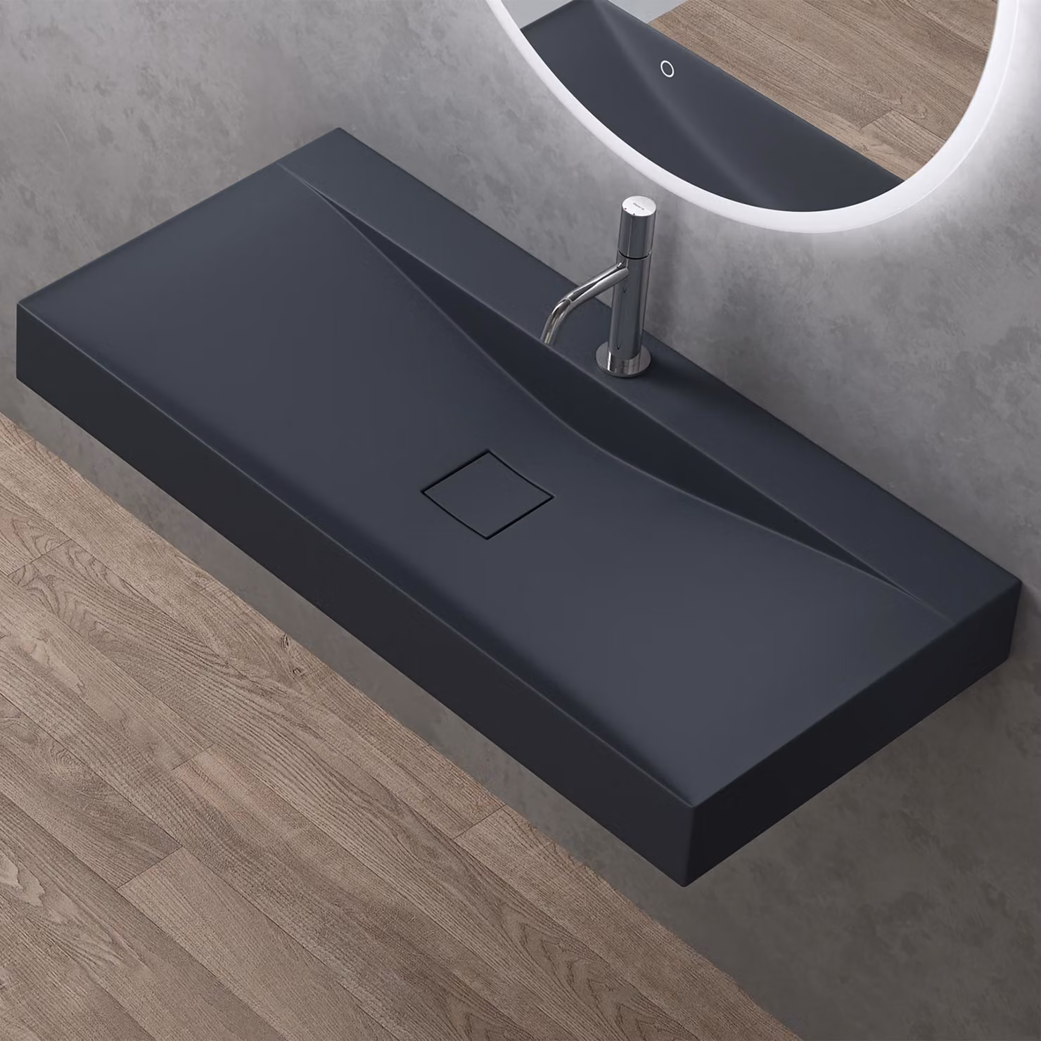 doporro Lavabo da Appoggio o Sospeso Rettangolare 100 cm in Marmoresina Antracite Opaco, Lavandino Bagno con Foro per Rubinetto Colossum810