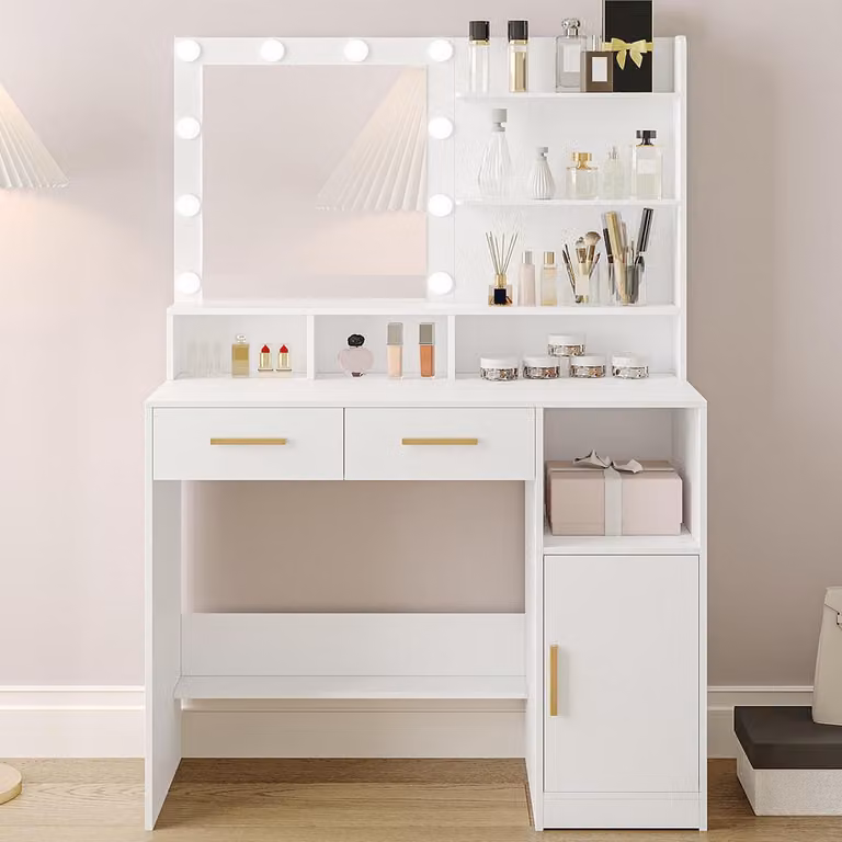 Comò da trucco con specchio e 10 luci LED, 2 cassetti, 1 armadietto, 3 ripiani, 4 vani, colore bianco