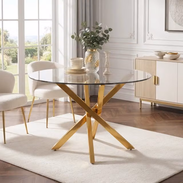 Tavolo da pranzo rotondo Mivray moderno con piano in vetro trasparente e struttura a X dorata L: 80 cm, P: 80 cm, H: 75 cm