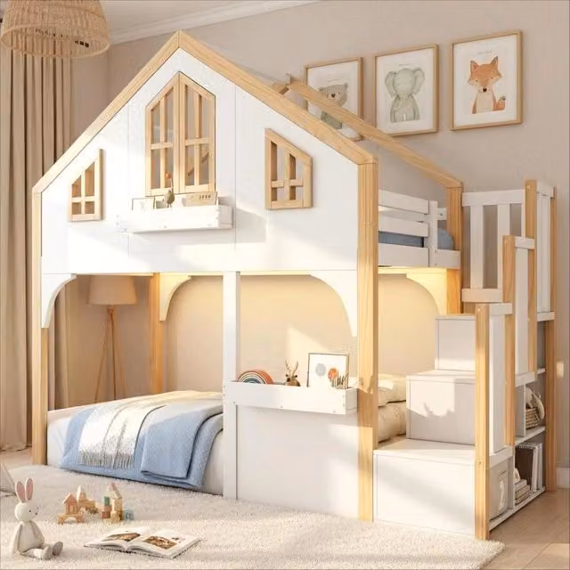 Letto a soppalco 90x200 cm con scala contenitore; LED e finestra in legno bianco