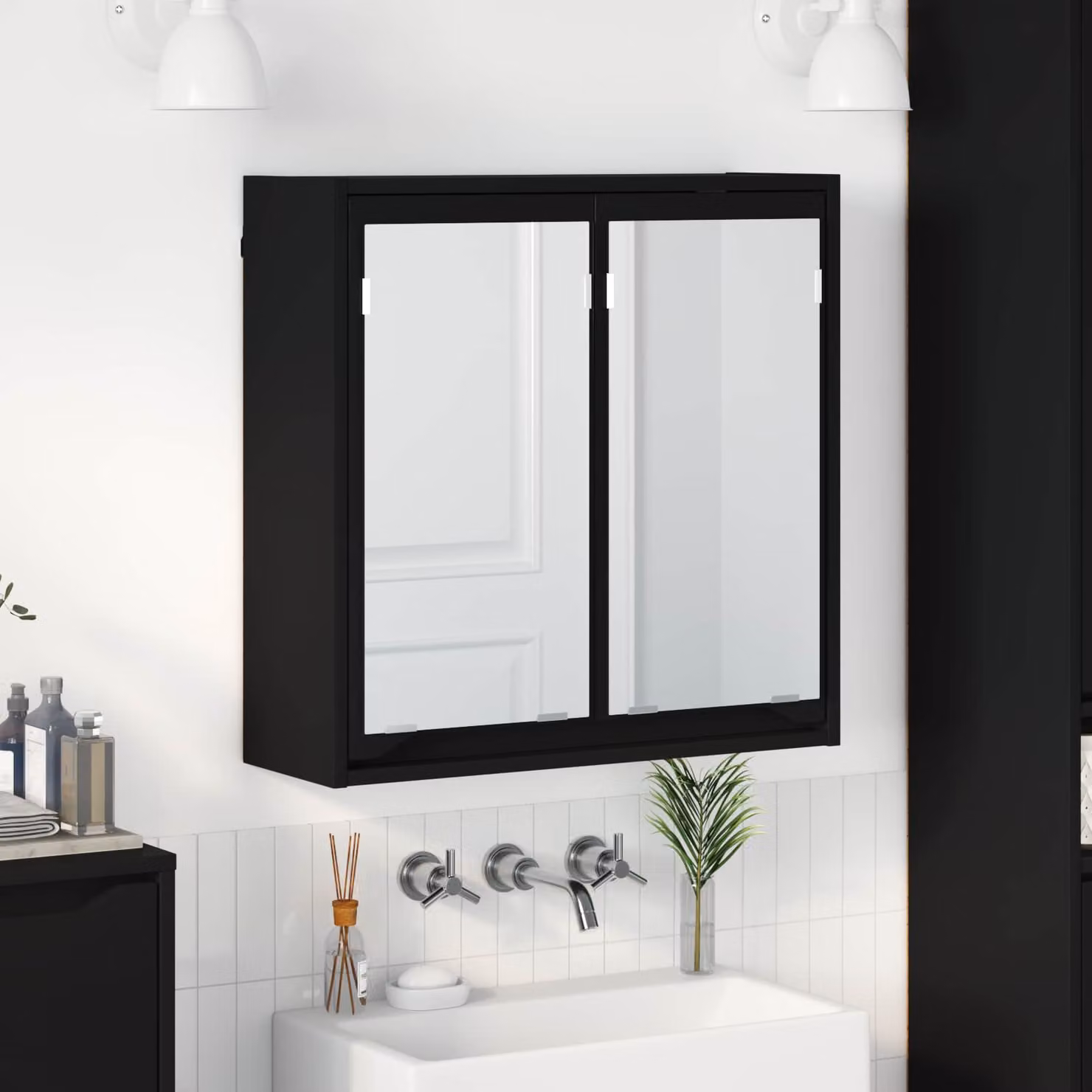 Mobiletto da bagno con specchio e ante in vetro vidaXL Nero L 60 cm x P 20 cm x H 60 cm