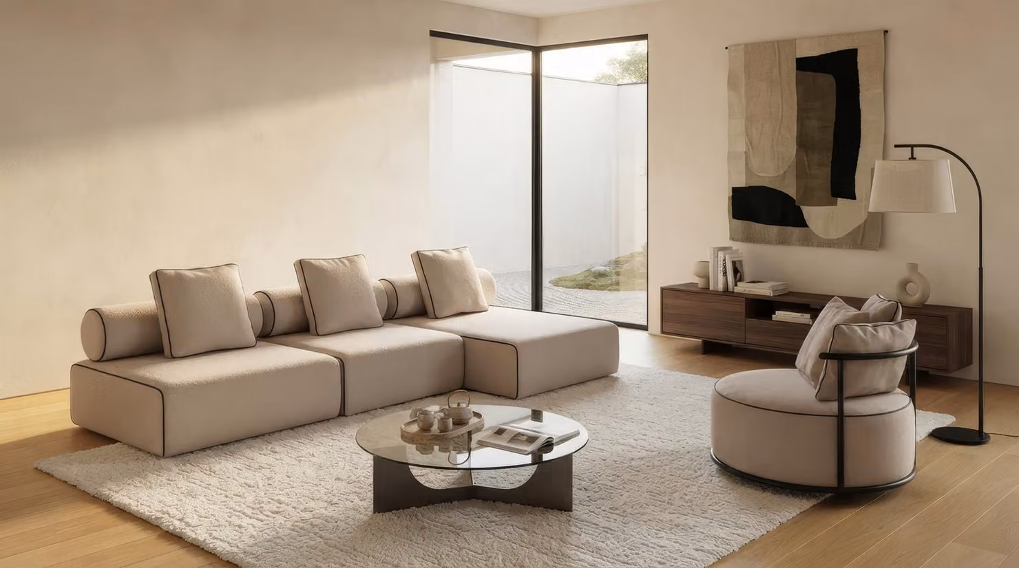 Sofa Set Ecksofa Sessel Modern Beige Luxus Polster Garnitur