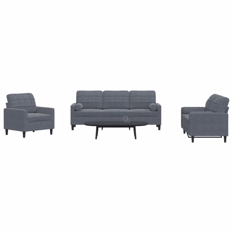 Set di divani vidaXL da 3 pezzi in velluto grigio con cuscini e struttura in metallo per soggiorno