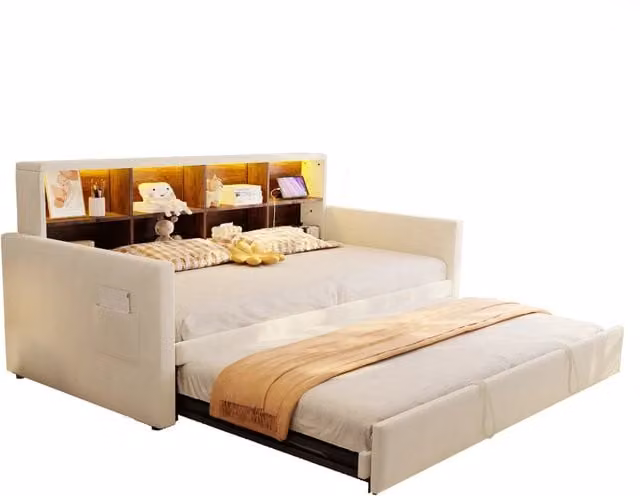 Letto Singolo Estraibile Chicfurn Beige con LED, USB-C e Ripiani Laterali, Dimensioni: 90 x 190 cm, Estensibile a 180 x 190 cm