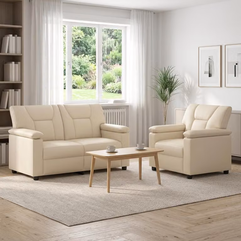 Set di 2 divani moderni vidaXL in similpelle beige con struttura in metallo e coperture rimovibili