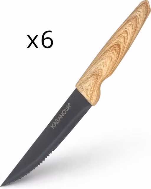 Set di 6 coltelli da bistecca KASANOVA in acciaio inox con manico effetto legno marrone opaco