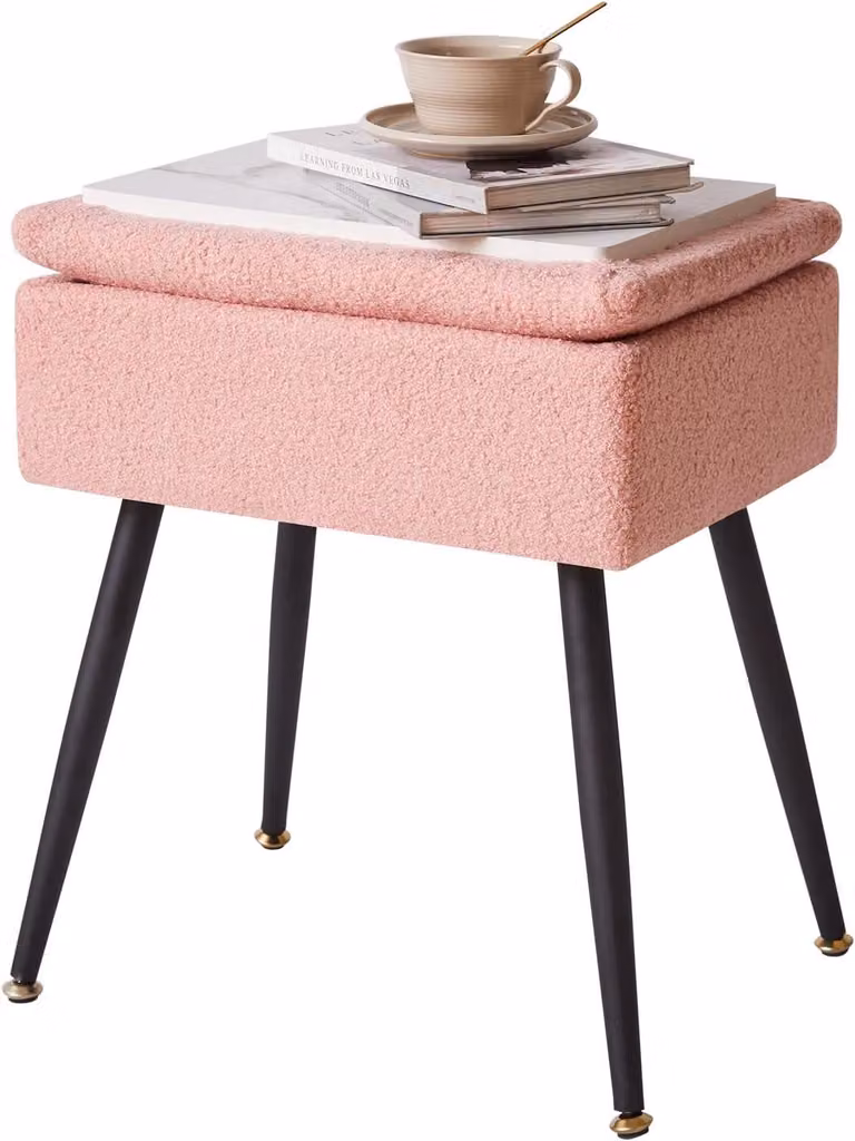 Pouf da trucco, 40x30x46 cm, rosa, rivestito in ecopelliccia, ideale per la camera da letto, con spazio contenitivo